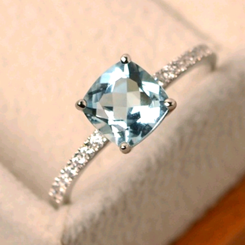 Cushion Brilliant Cut Sea Blue Diamond Ring